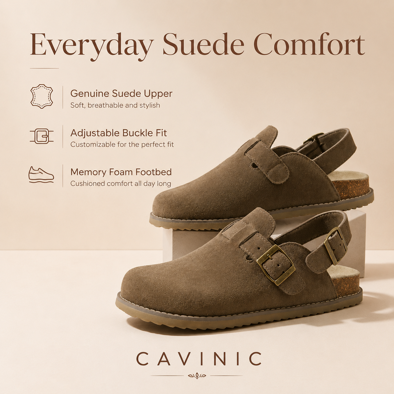 Cavinic Unisex Suede Clogs – Adjustable Strap, Cork Footbed & Arch Support