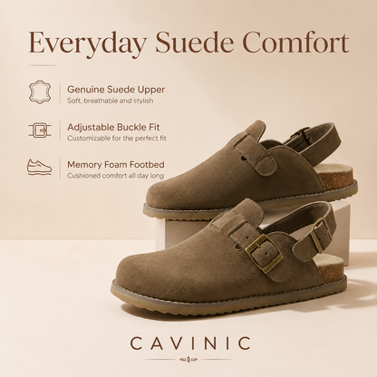 Cavinic Unisex Suede Clogs – Adjustable Strap, Cork Footbed & Arch Support