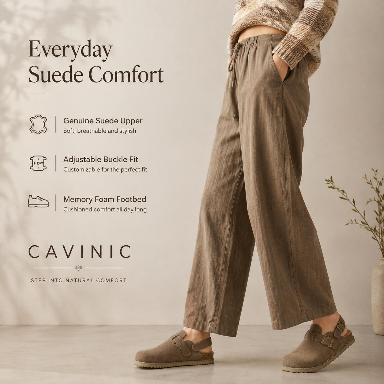 Cavinic Unisex Suede Clogs – Adjustable Strap, Cork Footbed & Arch Support