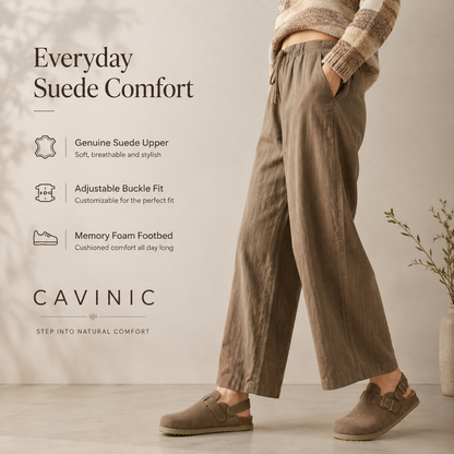 Cavinic Unisex Suede Clogs – Adjustable Strap, Cork Footbed & Arch Support