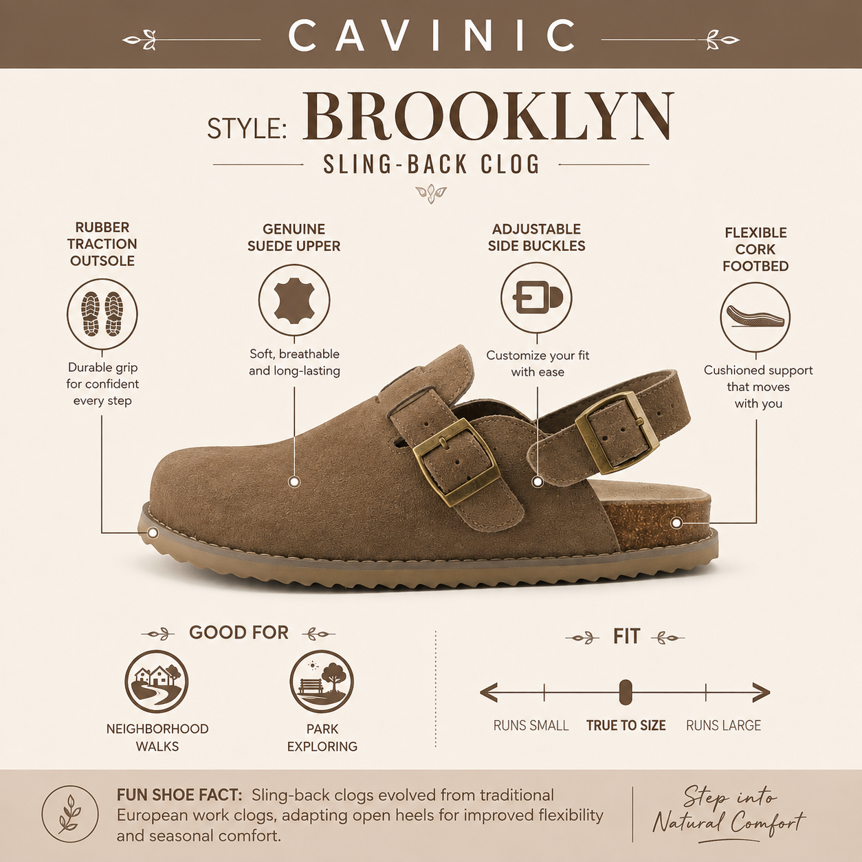 Cavinic Unisex Suede Clogs – Adjustable Strap, Cork Footbed & Arch Support