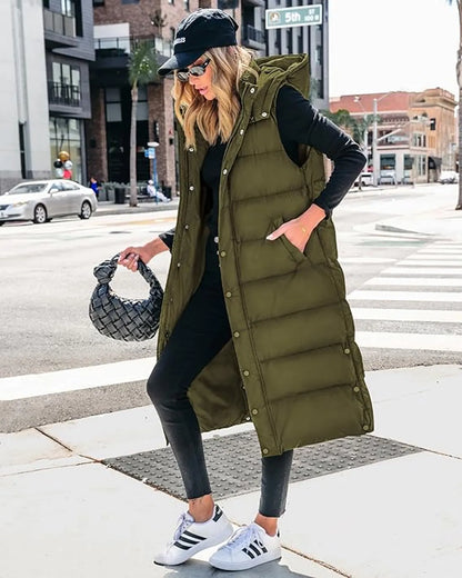 🔥 Women's Long Puffer Vest | Quilted Hood & Button Closure ❄️