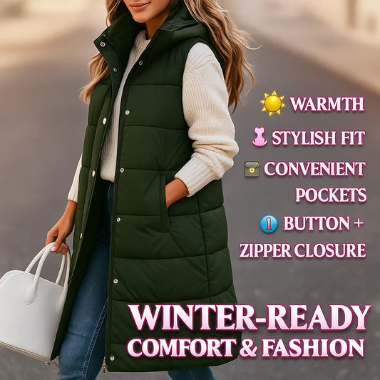 🔥 Women's Long Puffer Vest | Quilted Hood & Button Closure ❄️