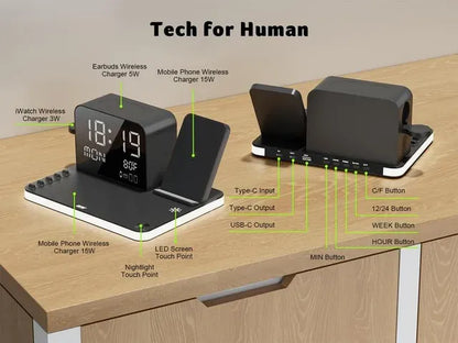 7 in 1 Wireless Charging Station with Clock & Night Light